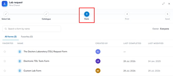 Form step of the lab request wizard listing available lab request forms