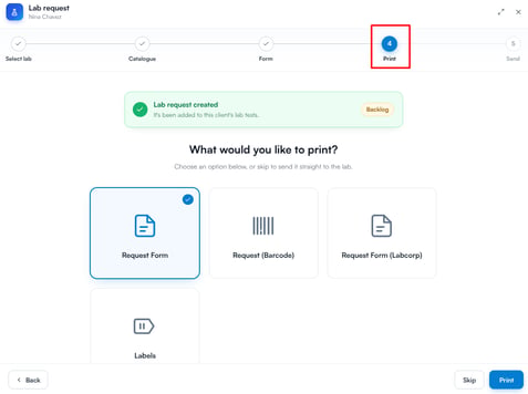 Print step of the lab request wizard with printing options