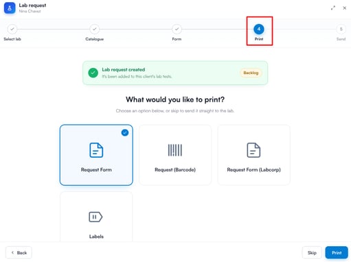Print step of the lab request wizard with printing options