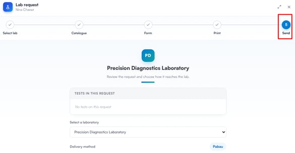 Send step of the lab request wizard showing the request summary before sending