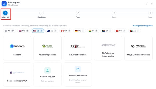 Select lab step of the lab request wizard with country filter chips and available labs