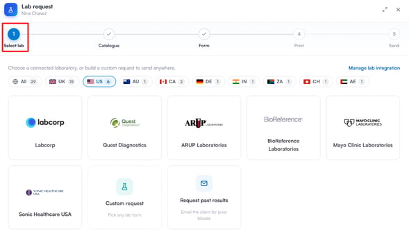 Select lab step of the lab request wizard with country filter chips and available labs