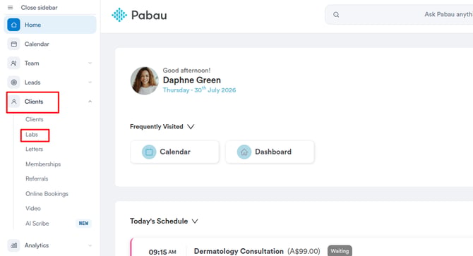 Clients menu expanded in the left sidebar with the Labs sub-tab highlighted