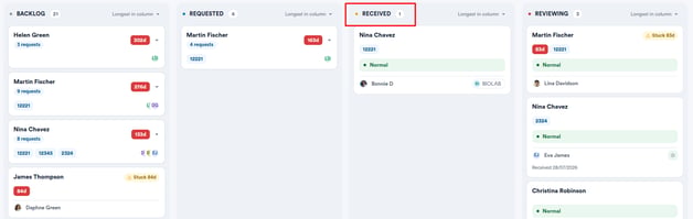 Received column on the Labs page showing a returned lab result