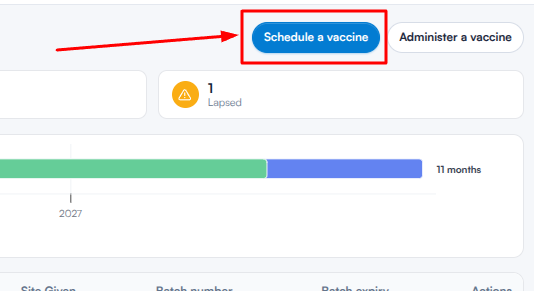 Schedule a vaccine wizard showing the Country, Disease, Vaccine and Schedule steps