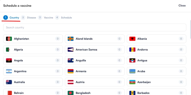 Country step with the search field and Selected countries list