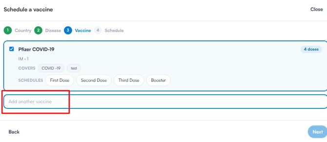 Add another vaccine search field below the recommended list