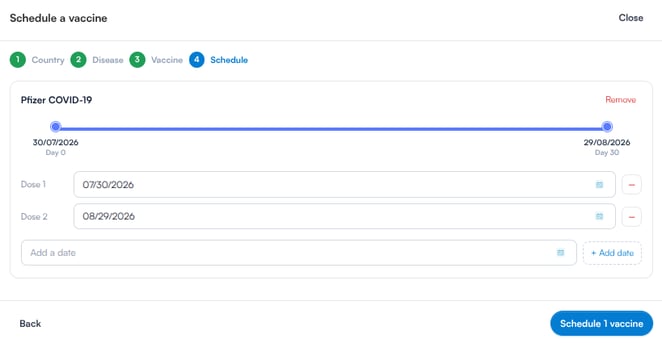 Schedule step with the dose timeline and editable dose dates
