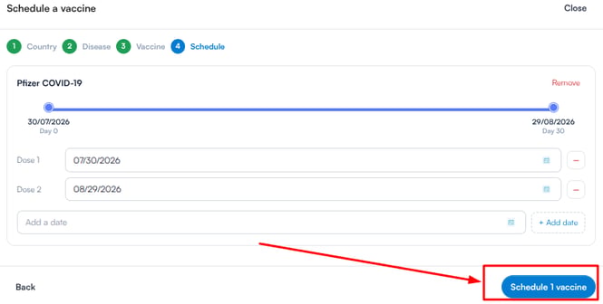 Schedule vaccines button in the bottom right corner of the wizard