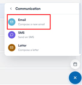 The Create menu with Communication selected and Email in the sub-menu