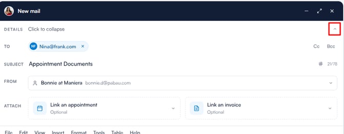 The expanded Details bar showing To, Subject, From and Attach fields