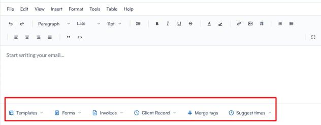 The composer toolbar with Templates, Forms, Invoices, Client Record, Merge tags and Suggest times