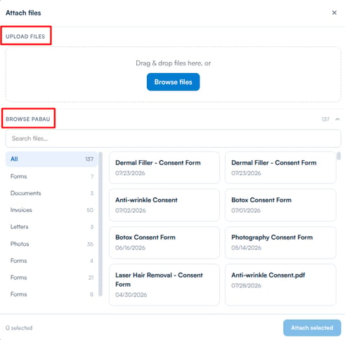 The Attach files modal with Upload files and Browse Pabau sections