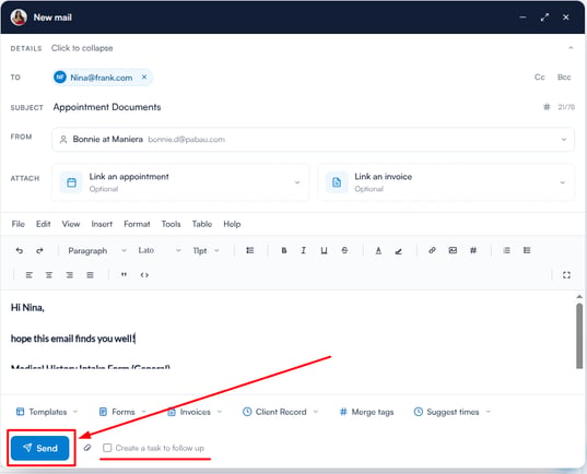The Send button and follow-up task option at the bottom of the composer