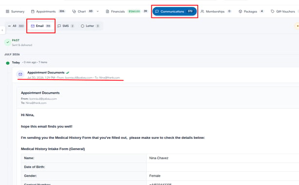 The Communications tab of the client card showing the sent email