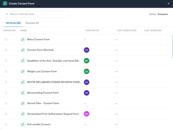 Create Consent Form window listing consent form templates