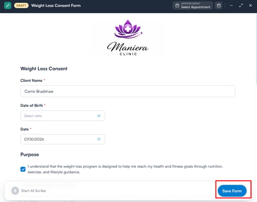 Consent form with the Save Form button at the bottom