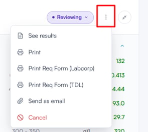 Three-dot menu on a lab request with Print and Send as email options
