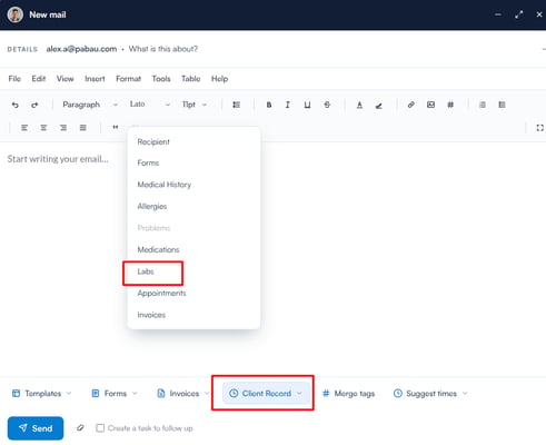 Email composer with the Client Record menu open on Labs
