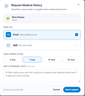 Request Medical History window with Send via, Link expires after and personal note options