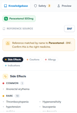 The Knowledgebase tab showing the clinical reference for a medication
