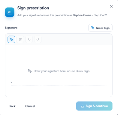 The Sign prescription window with the signature box and Quick Sign