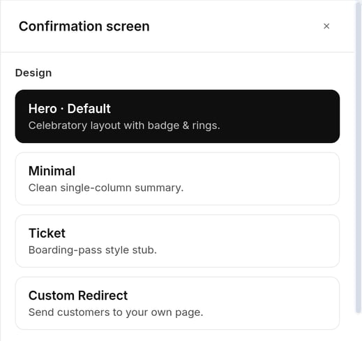 Online Bookings Studio Confirmation screen designs, including Custom Redirect