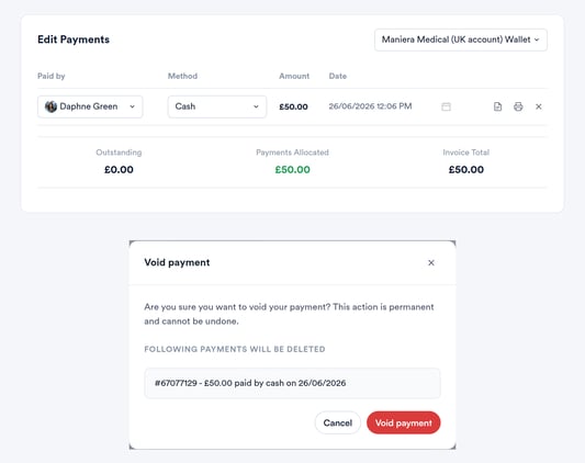 A cash payment row with the void X, and the Void payment confirmation