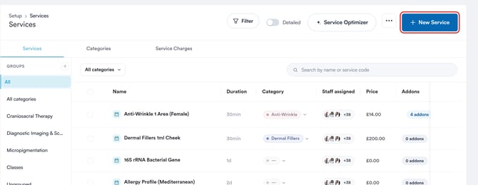 Services list with the New Service button