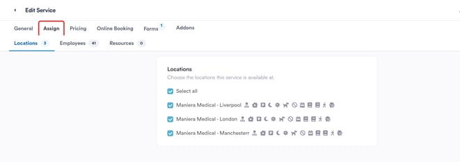 Assign tab: locations, employees and resources