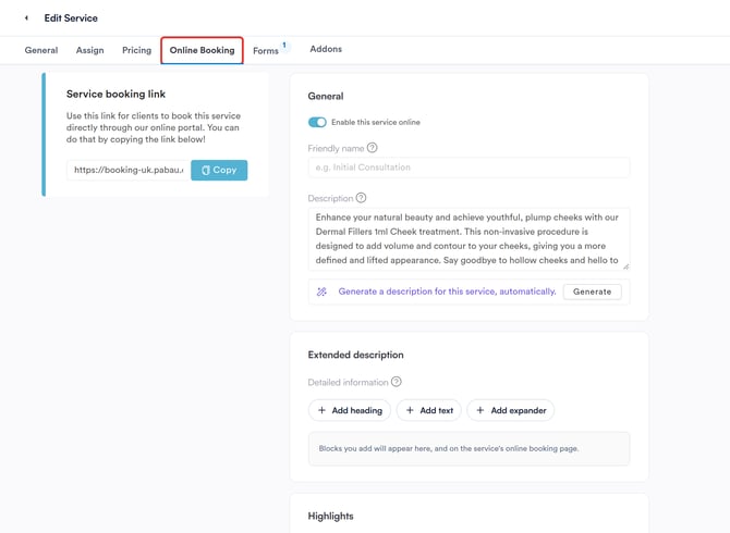 Edit Service, Online Booking tab