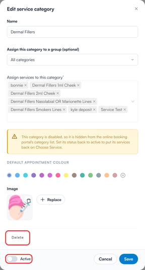 Active switched off, with the Delete button