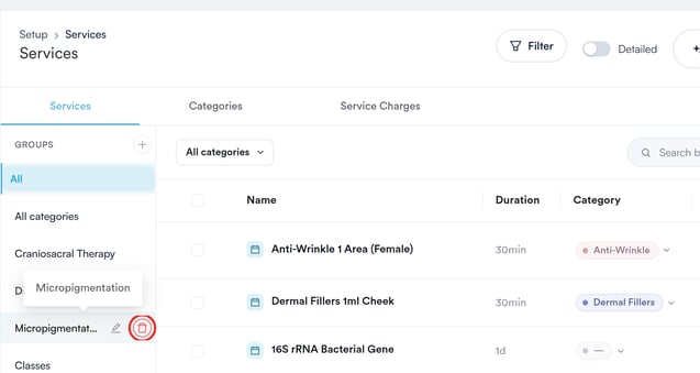 The delete icon on a service group
