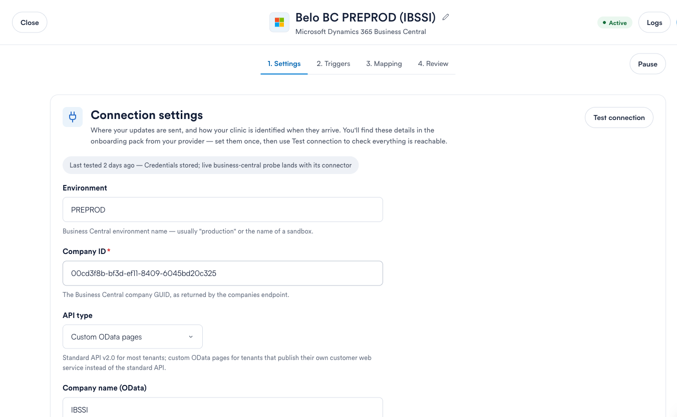 The Business Central connection settings tab with its fields