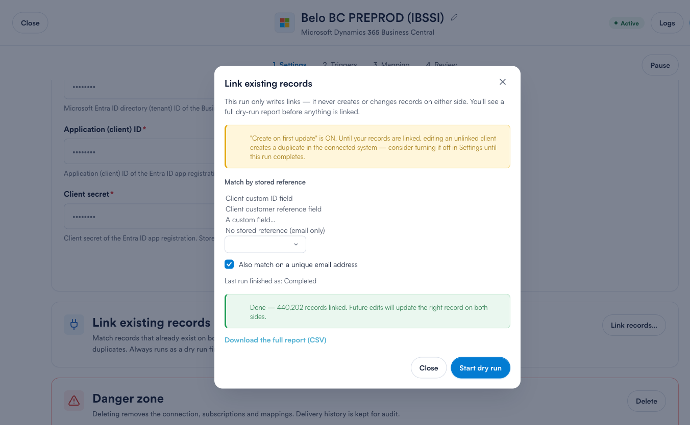 The Link existing records wizard showing a completed run