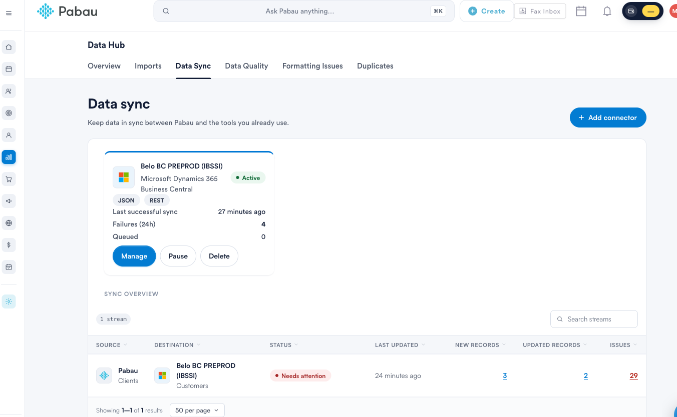 The Data Sync tab in the Data Hub, showing a connector card with its status and health metrics
