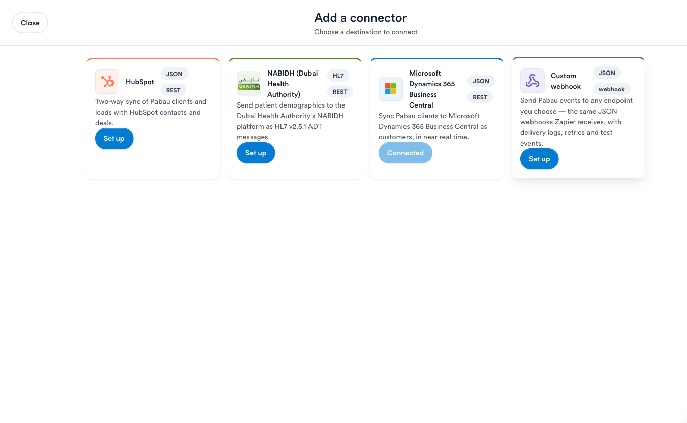 The Add a connector dialog listing the available connectors
