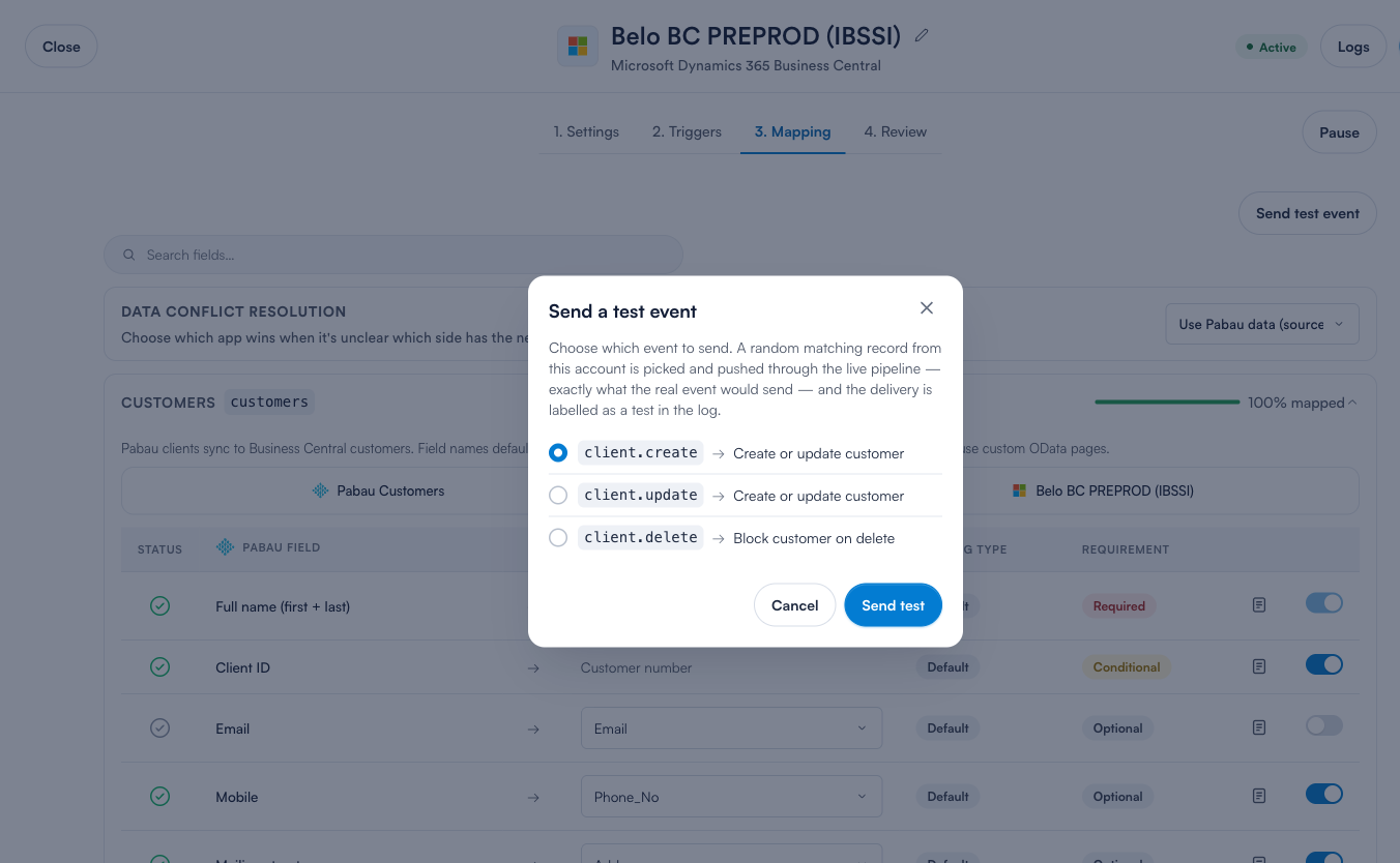 The Send a test event dialog with a choice of events to send