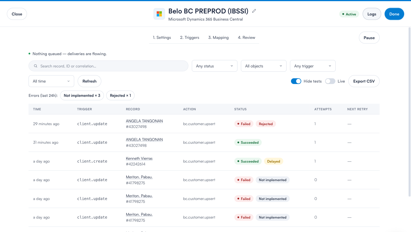 The delivery log showing rows with different statuses and an error summary