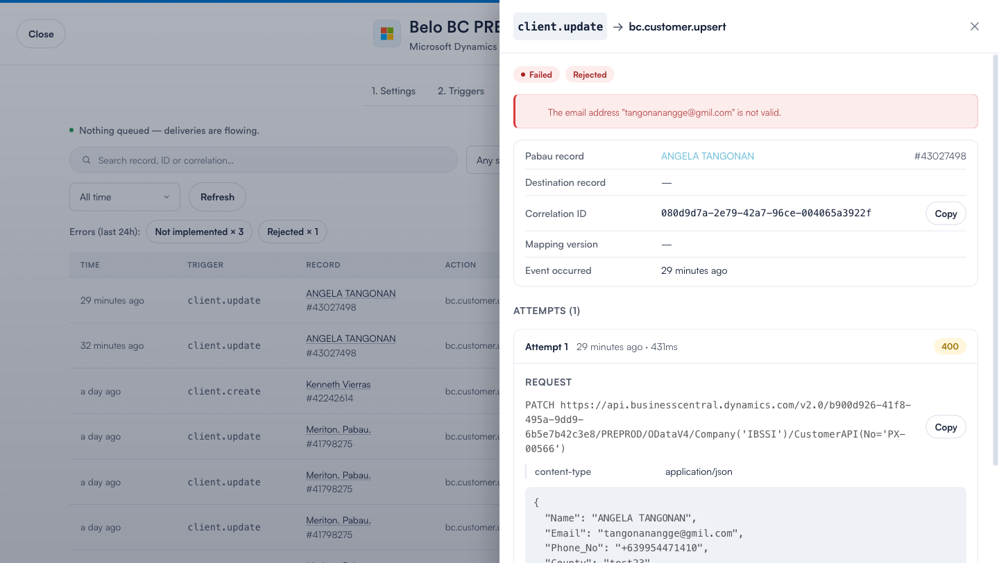 A failed Business Central delivery showing the request, response and error message