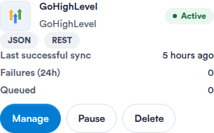The GoHighLevel connector card in Data Hub, Data Sync