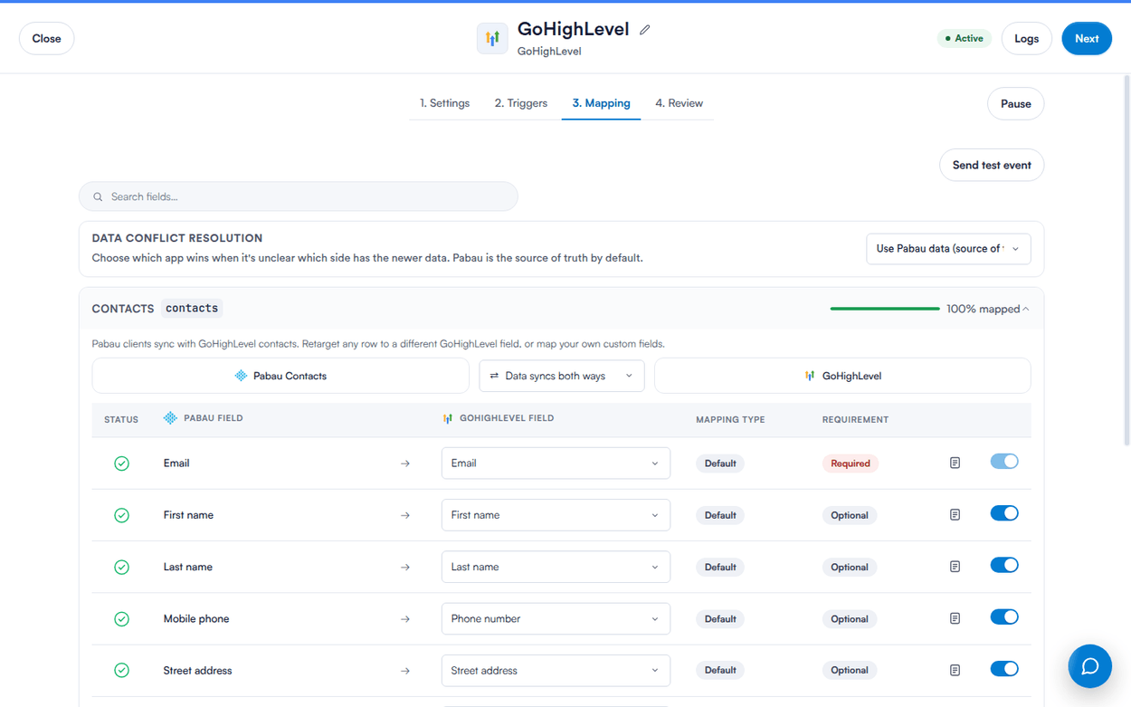 The Mapping tab with the Contacts group expanded