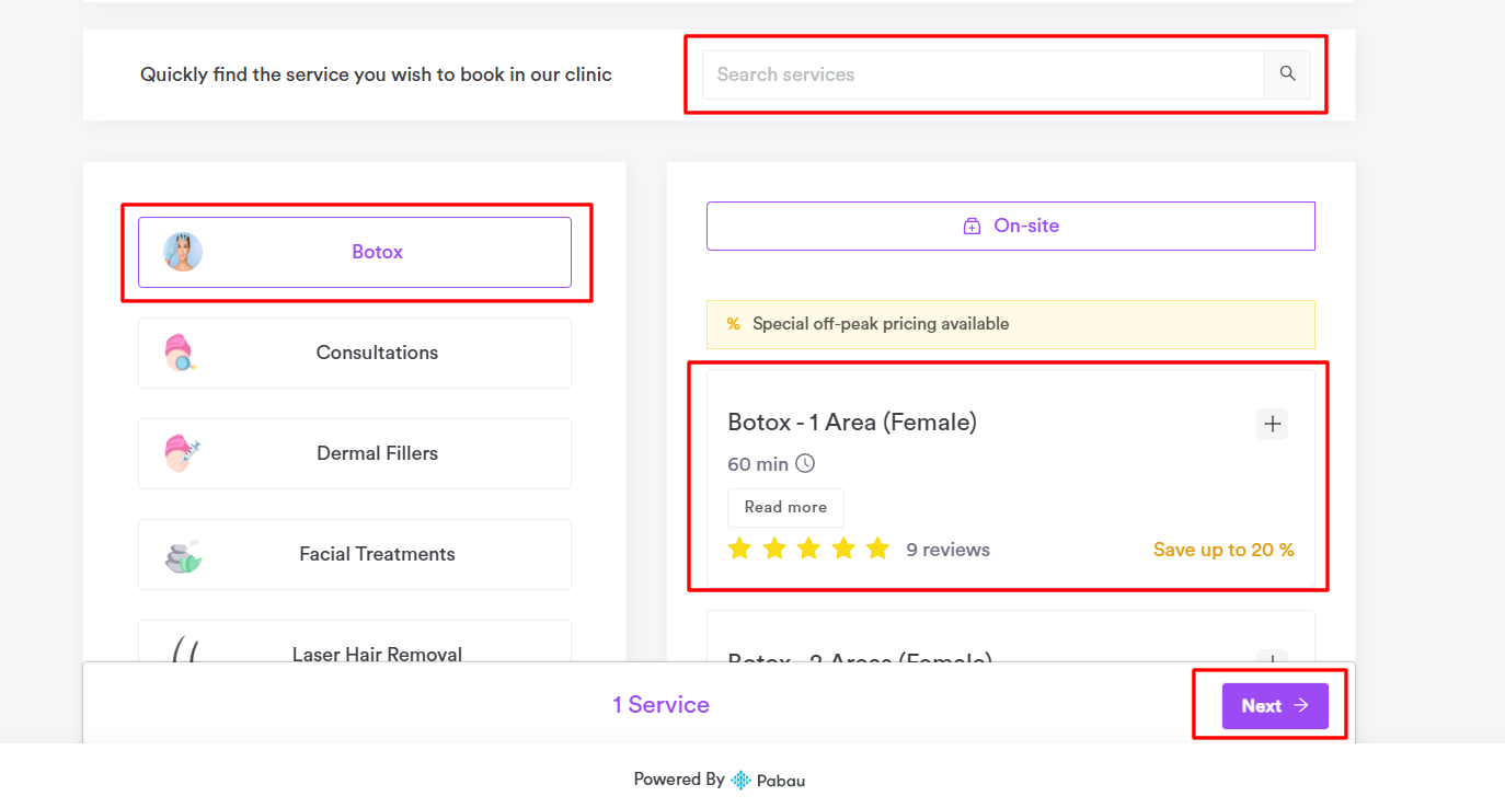 Choosing a service in the online booking portal