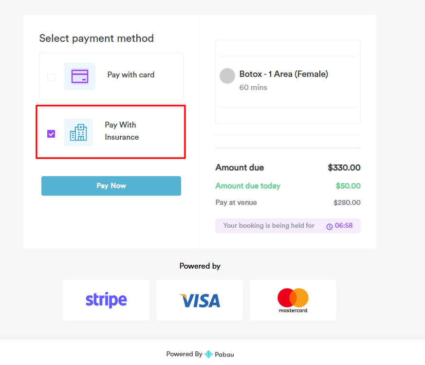 Selecting Pay with Insurance as the payment method