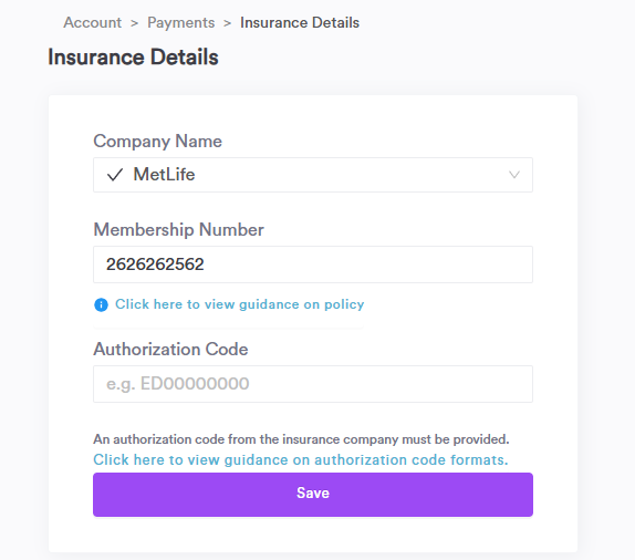 The insurance details form with membership number and authorisation code