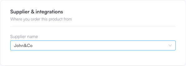 Supplier and integrations section on the product General tab