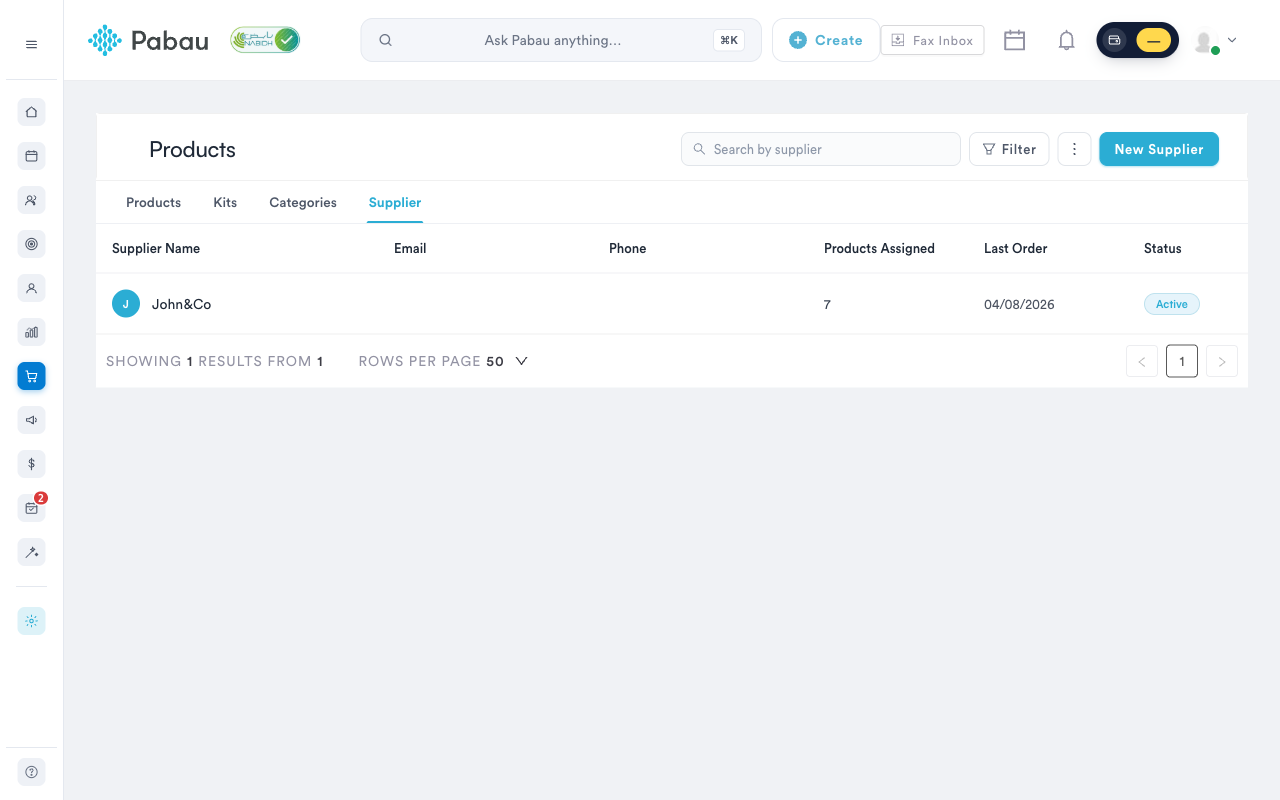 Supplier tab on the Products page