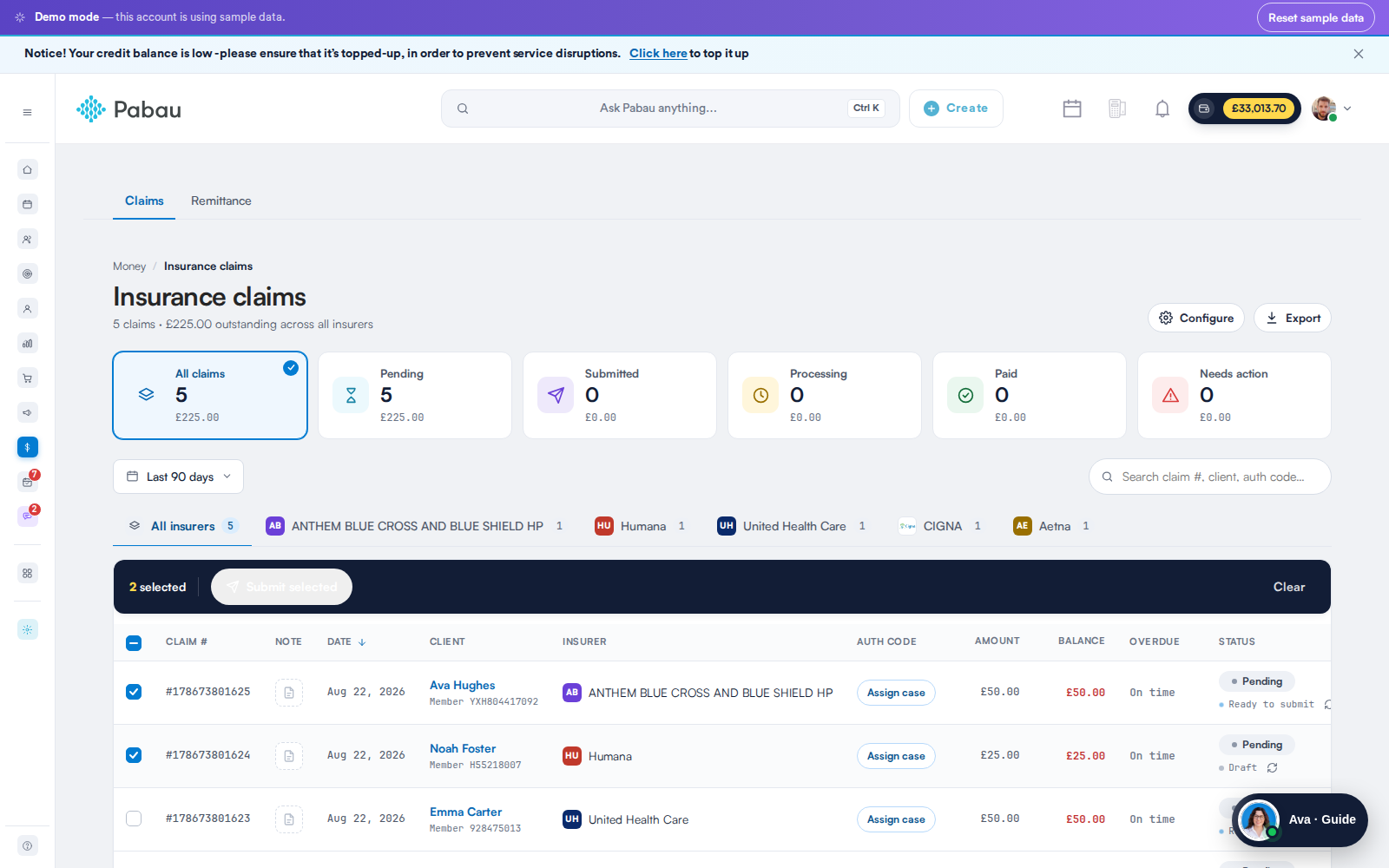 Selecting claims on the dashboard, with the batch action bar showing the count