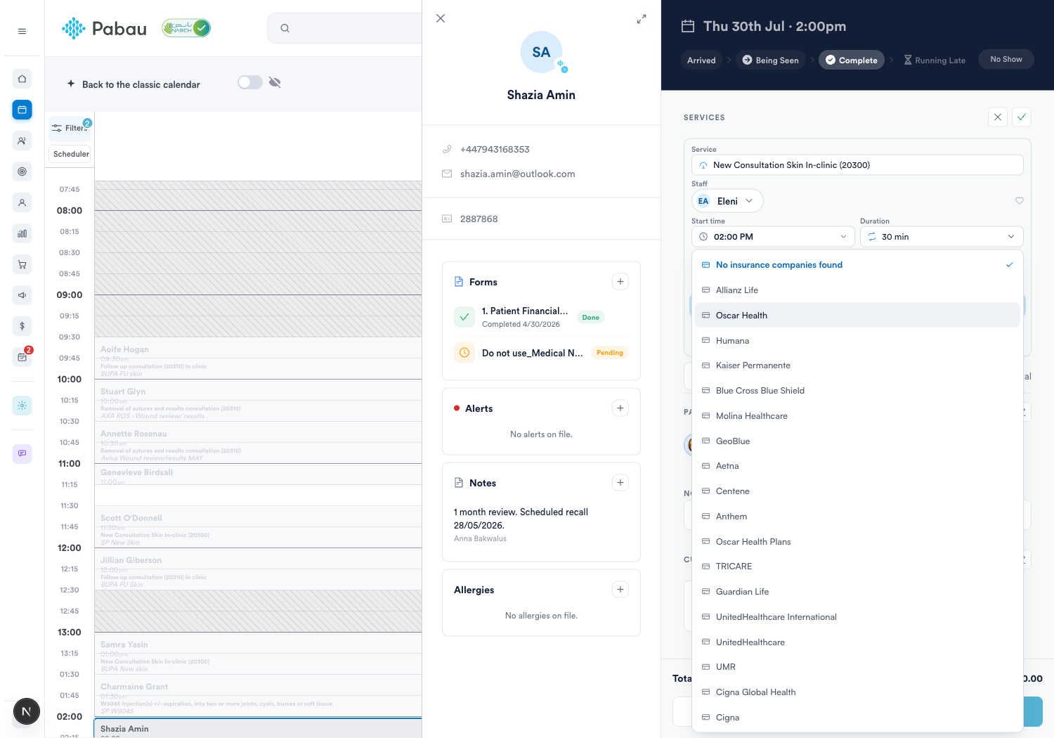 Choosing the insurance payer on the appointment's service via the Charge picker