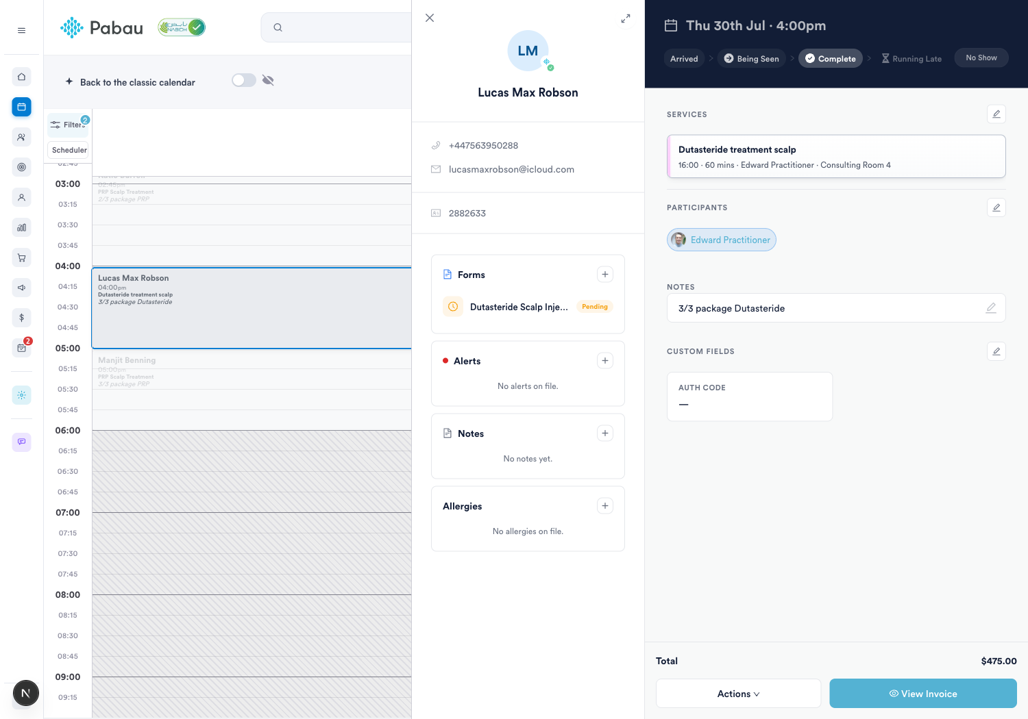 The appointment popout with visit statuses, services and View Invoice